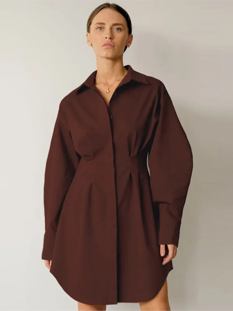 Woman's Elegant Mini Dress Spring Fashion Lapel Long Sleeved Dresses Ladies Solid Color Single Breasted Waist Cinched Vestidos