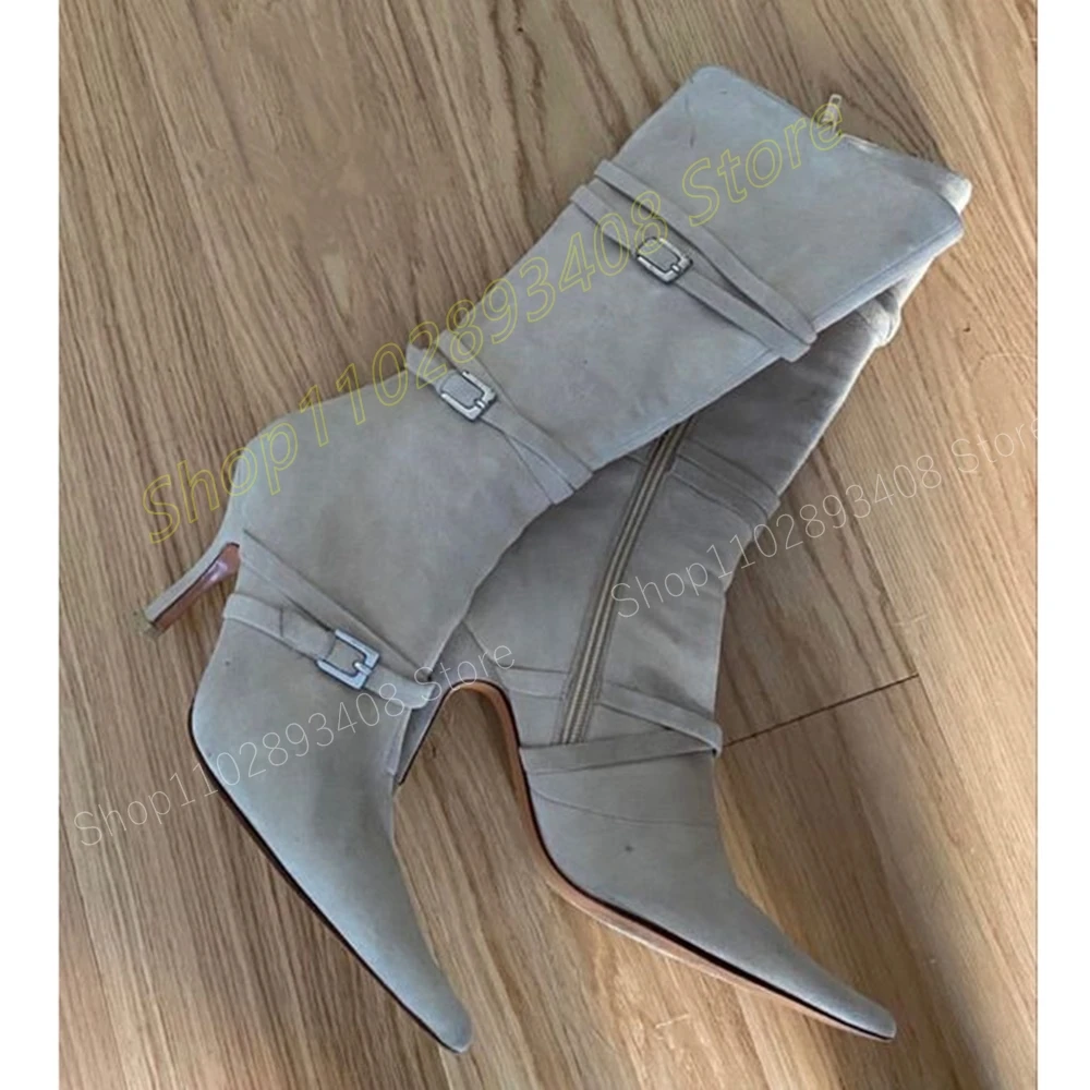 Beige Buckle Strap Pointed Toe Mid Calf Boots Suede Side Zipper Stiletto High Heel Fashion Sexy Women Shoes 2024 New Para Mujere