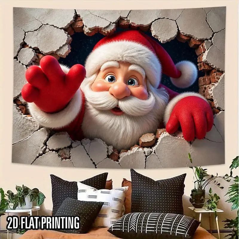 VIKAMA 3D Santa Tapestry Funny Cartoon Breaking Brick Humor Soft Washable Large Wall Hanging Bedroom Christmas Holiday Decor