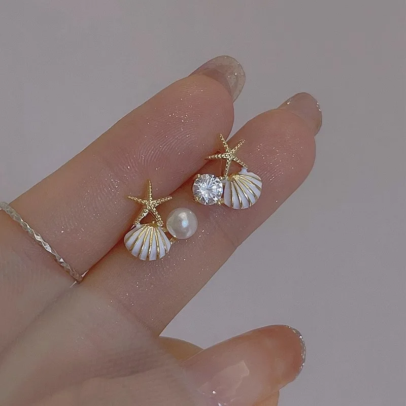 Cute Small Starfish Shell Stud Earrings for Women Asymmetric Rhinestones Imiation Pearl Charms Earrings Trendy Sweet Jewelry