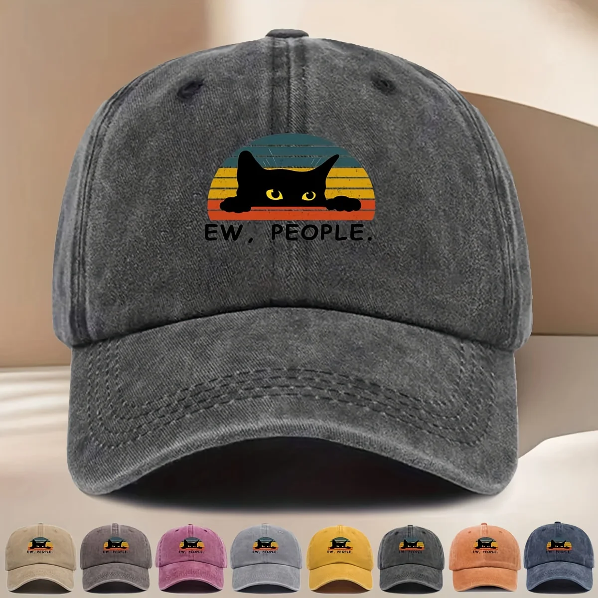 EW, PEOPLE Text Three-Color Background Lying Black Cat Cartoon Image Print Baseball Cap, Casual Cute Easy Versatile Unisex Duck