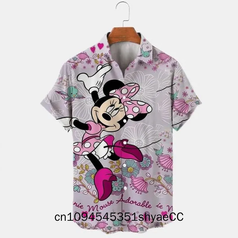 New 2025 Summer Disney Harajuku Slim Fit 3D Printing Men Button Short Sleeve Lapel Mickey Minnie Casual Cute Shirt Y2k
