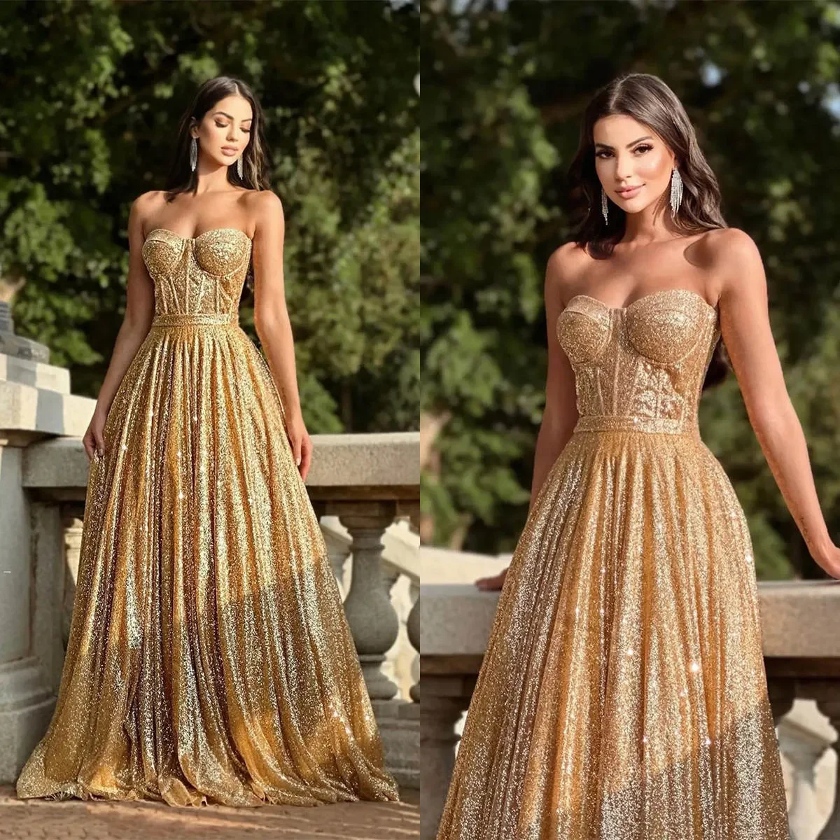 Shiny Gold Sequins Formal Prom Dresses 2026 Sweetheart Sleeveless A-line Evening Gala Party Gowns Pageant Robe De Soriee
