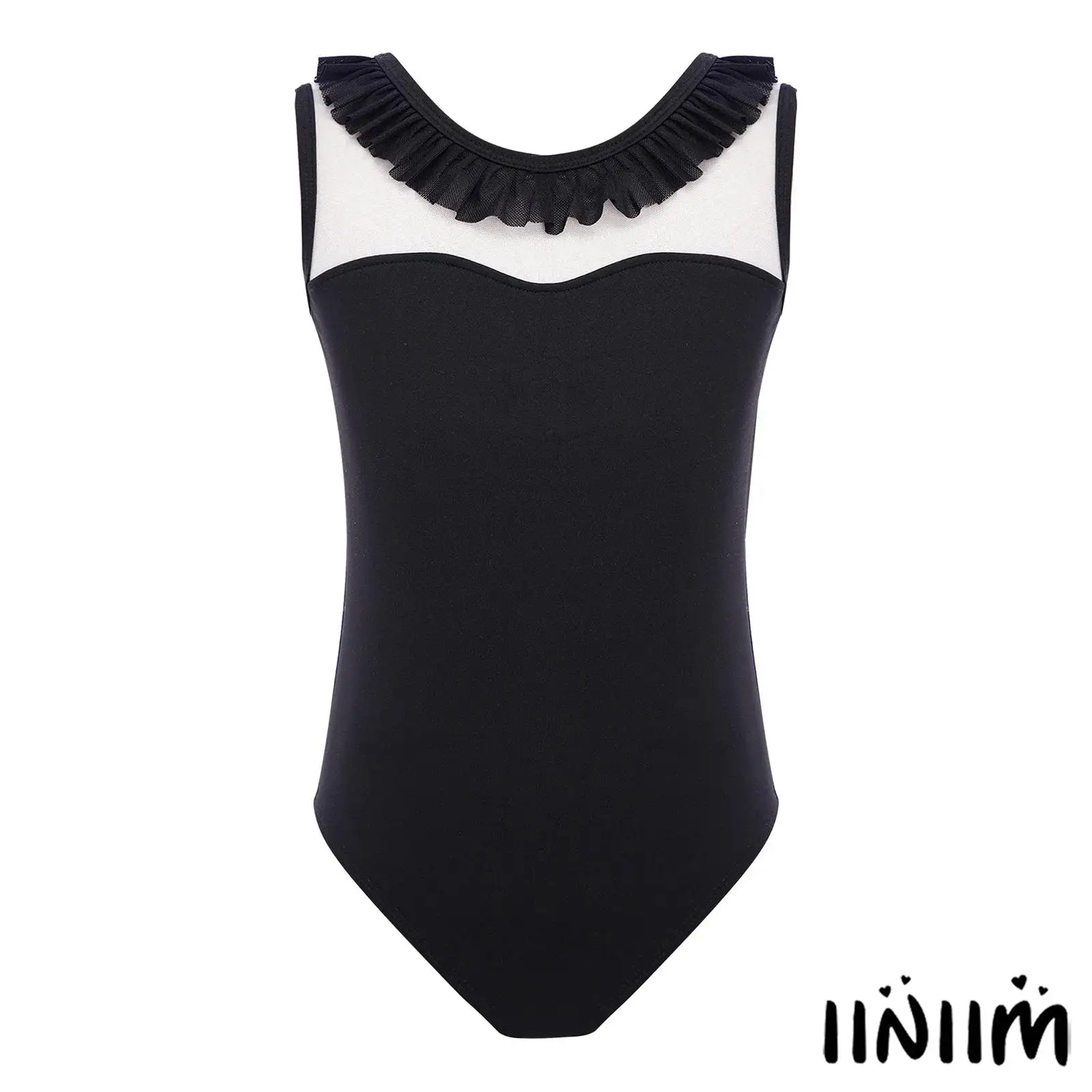 

Kids Girls Ballet Dance Leotard Outfit Sheer Mesh Patchwork Round Neck Long Sleeve Bodysuit Figure Skating Dance Practice Outfit