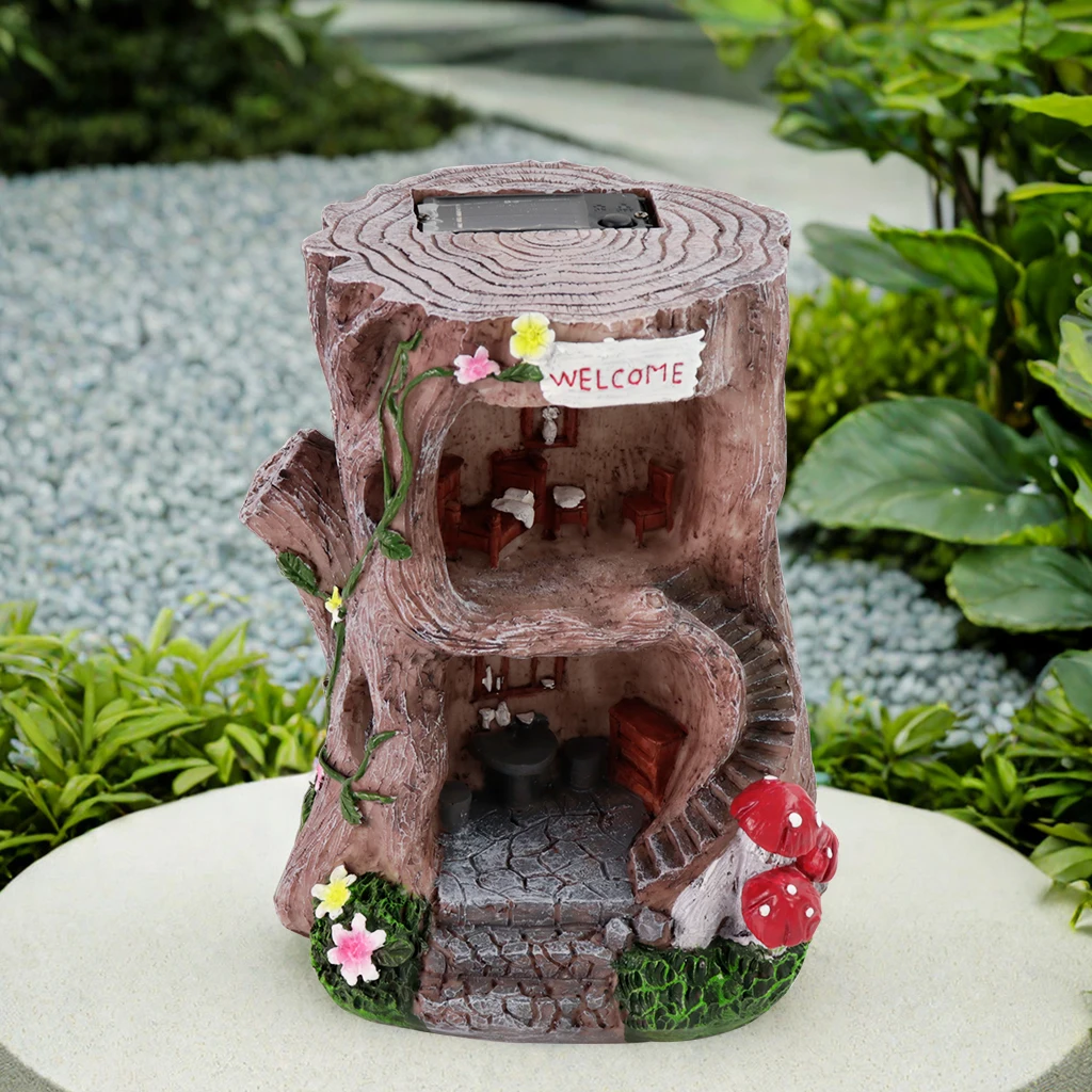 

STLF Creative Resin Crafts Solar Mushroom Tree House Sculpture Outdoor Garden Decor Ornaments