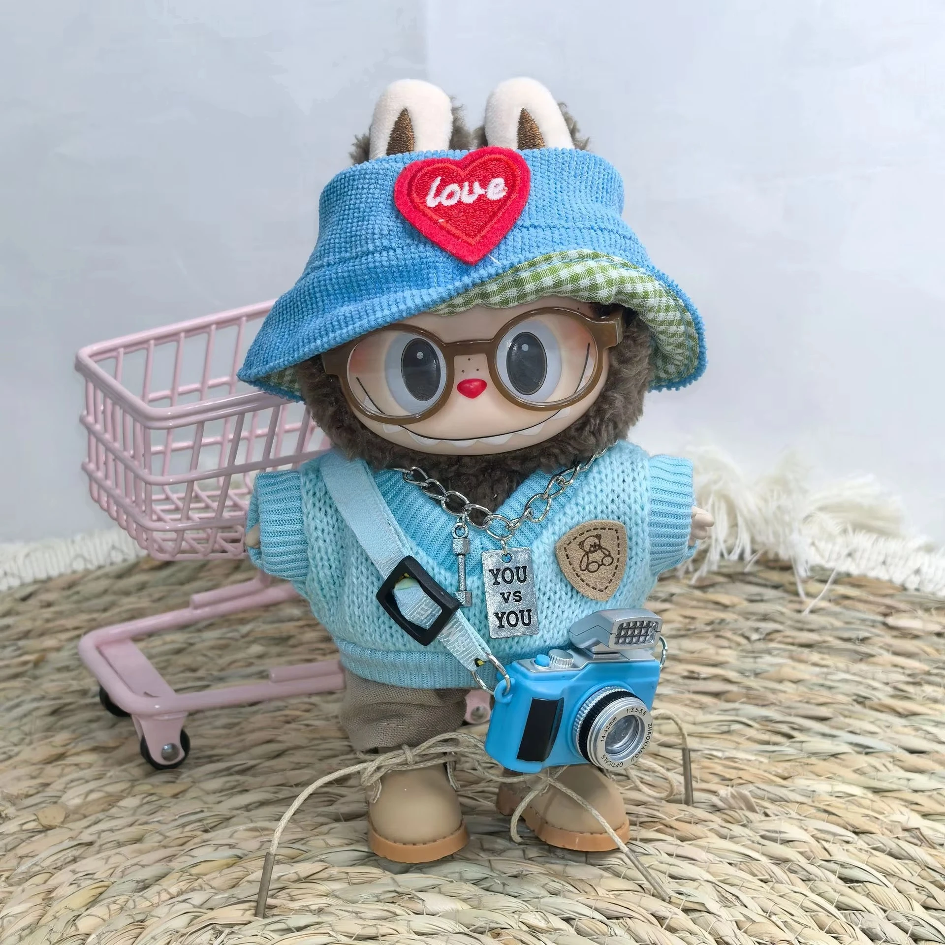 

Labubu Doll Clothes Blue Outfit with Camera Hat Shoes Set 15/17cm Plush Doll'S Clothes Replacement Labubu I II Dolls Accessories