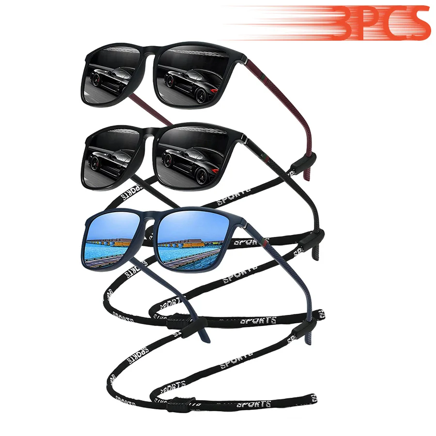 3er-Set modische Vintage-Sonnenbrillen mit Kette, bunte Streifen, quadratische Form, für Damen und Herren, Freizeit, Autofahren, Angeln, Marken-Designer-Sonnenbrillen
