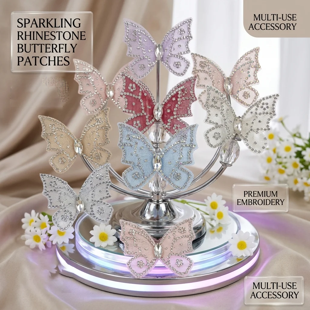 Rhinestone Butterfly Patches Organza Mesh Applique Glitter Crystal Butterfly for DIY Hair Clips Crafts Wedding Dress Decoration