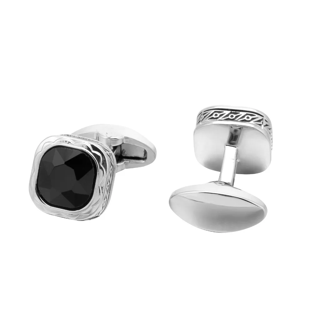 Black Gemstone French Cufflinks with Silver Pattern Edge Classic Business Shirt Accessories for Men