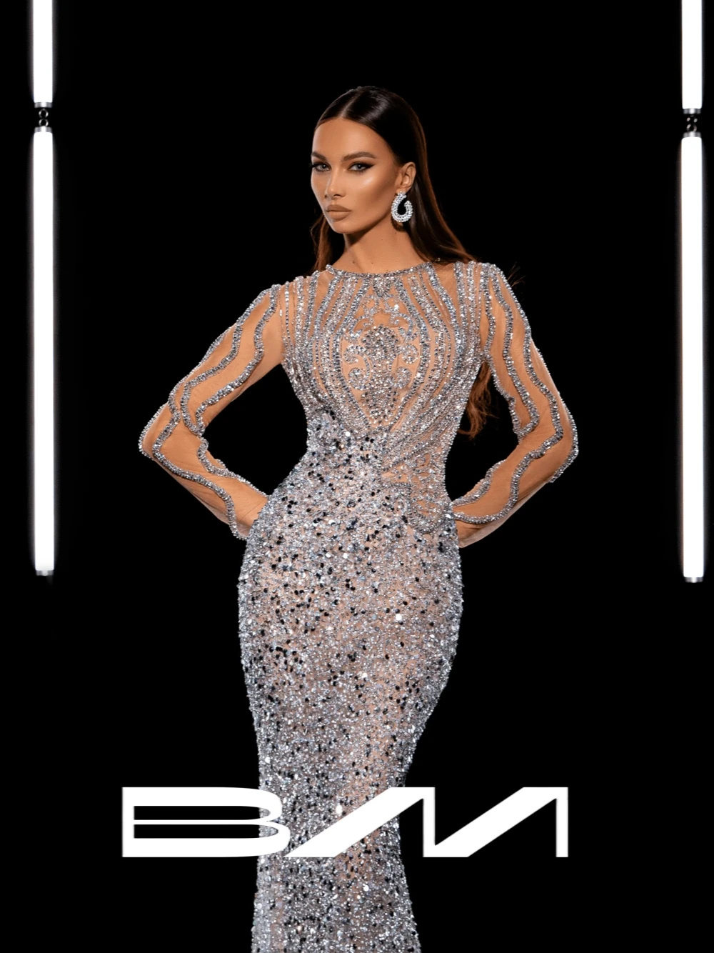 

Silver Beaded Mermaid Fit For Galas Luxurious Evening Dress Glitter Illusion Long Sleeves Prom Gown Customized Floor-length