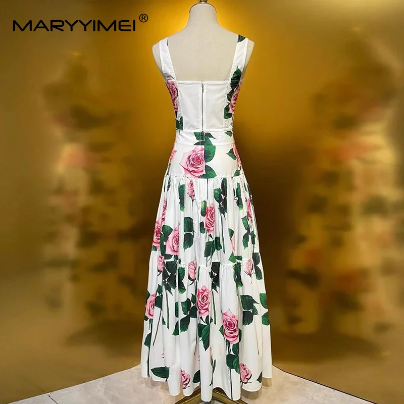 MARYYIMEI Floral-Print Pleated Splicing Fashion Suit For Women Sweetheart Neck Spaghetti Strap Tops+A-Line Big Swing 2-piece set image 3