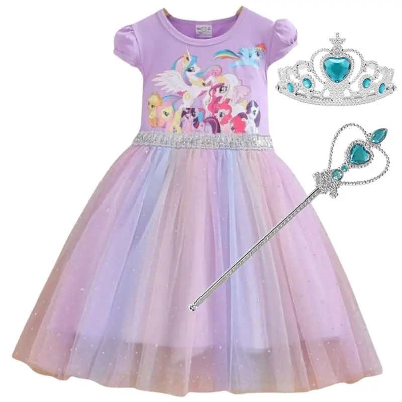 여아 여름 원피스 만화 포니 레인보우 메쉬 스팽글 공주 원피스 패션, 어린이 생일 파티 선물 가운 