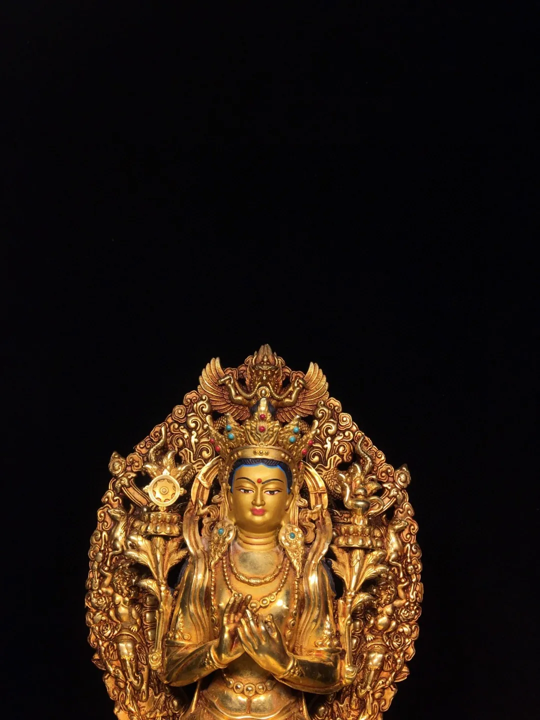 Tibetan ornament brass painted face inlaid with gemstones now available in the Maitreya Hall of Bodhisattva Avalokitesvara Bodhi