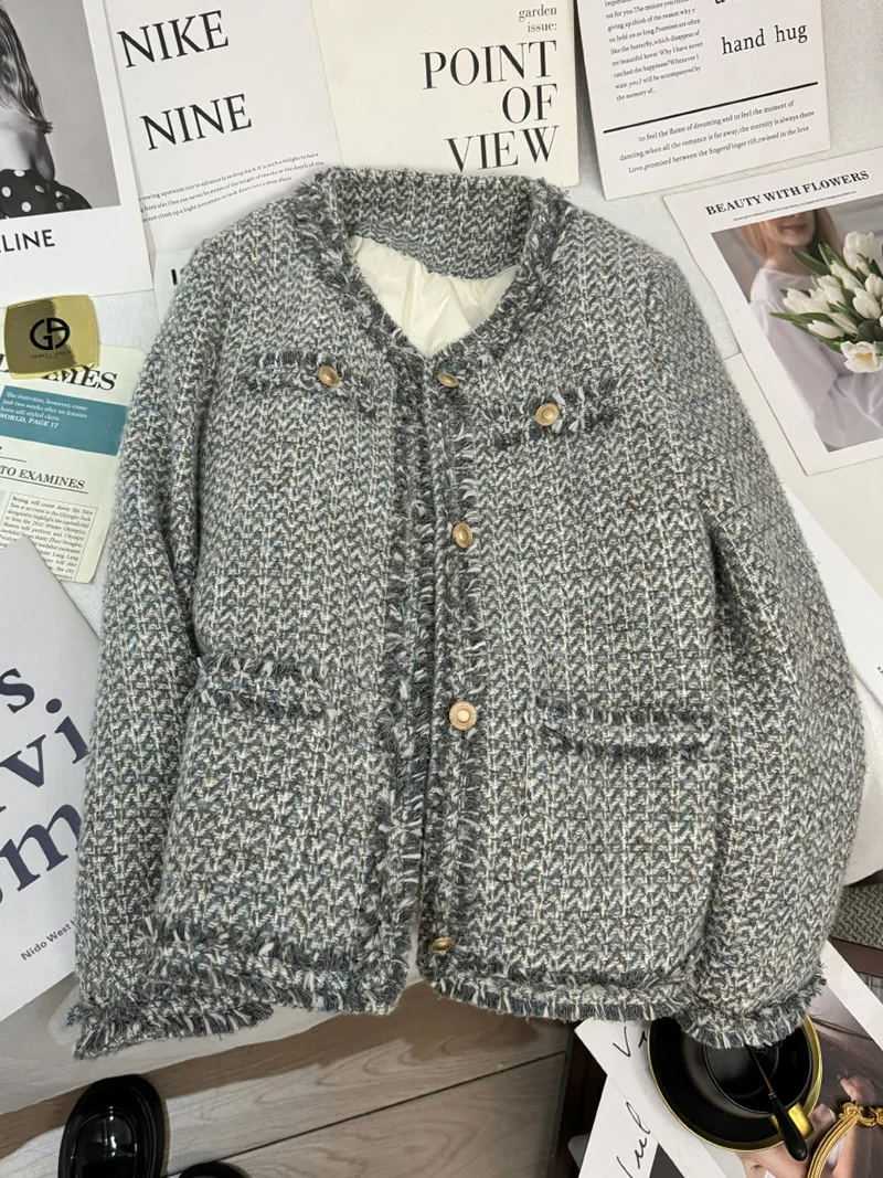 Fashion Party 2024 Autumn Winter Grey Blue Jacket for Women Lining Down Plaid Thicken Warm Vintage Tweed Coat Suit Ladies