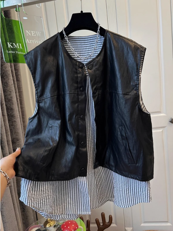 

Women's PU Leather Vest Jaet Early Autumn New Design Patchwork Striped oulder Top Outerwear Commute Sle round Ne