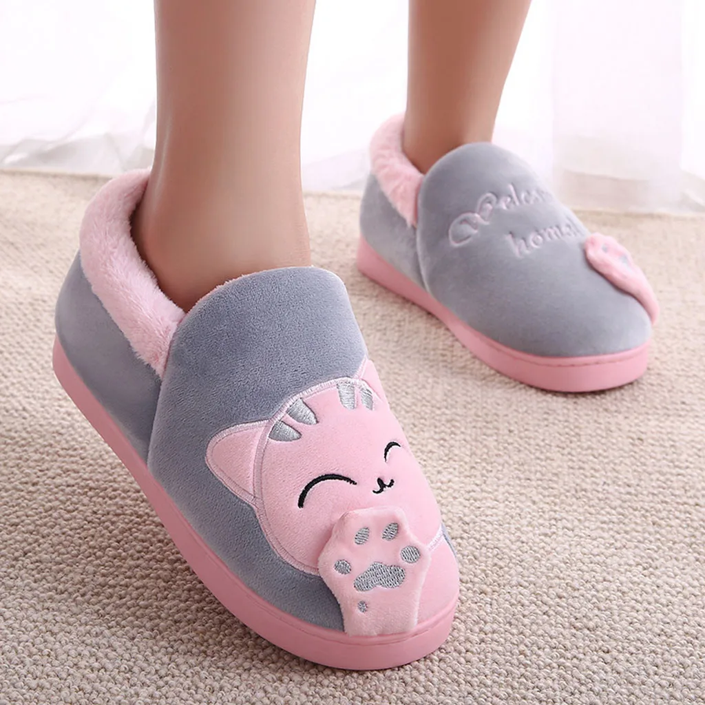 Kobiety Zimowe Ciepłe Kapcie Cartoon Cat Shoes Furry Plush Slides Round Toe Flats Indoor Home Bedroom Floor Slippers Ladies Shoes