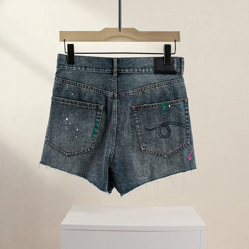 pants y2k spring and summer ink dot graffiti do old burlap asymmetric Denim shorts2024korean fashion high waist casual shorts