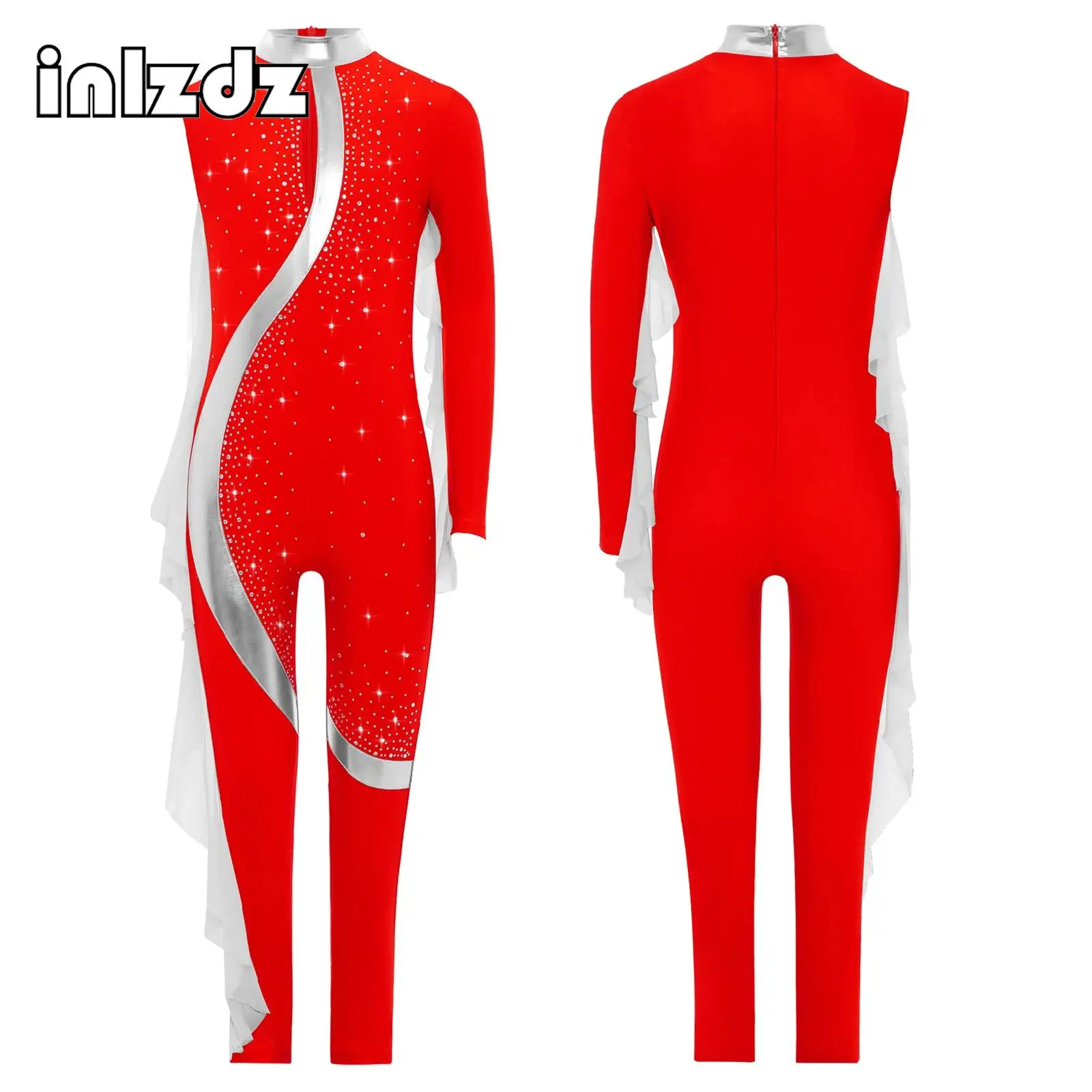 

Kids Girls Gymnastics Dance Jumpsuit Asymmetrical Long Sleeve Invisible Zipper Full Body Leotard Shiny Rhinestones Dance Party