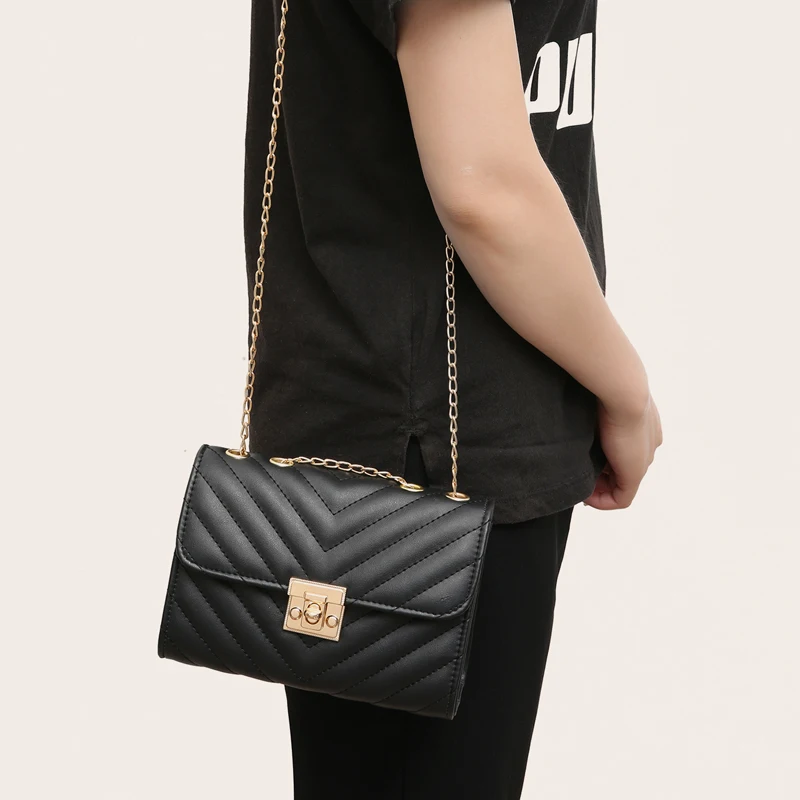 Lingge Chain Small Square Bag Lock Buckle Single Shoulder Crossbody Bag Texture