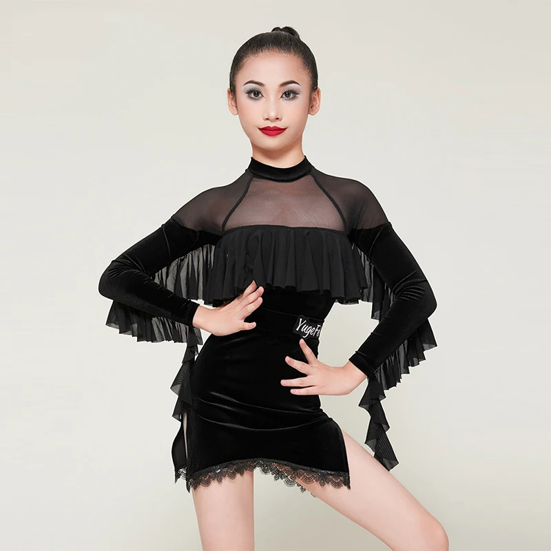 

Black Ruffle Latin Dance Dress Bodysuit Skirt Girls Practice Wear Latin Competition Dress Rumba ChaCha Performance Suit VDB7791