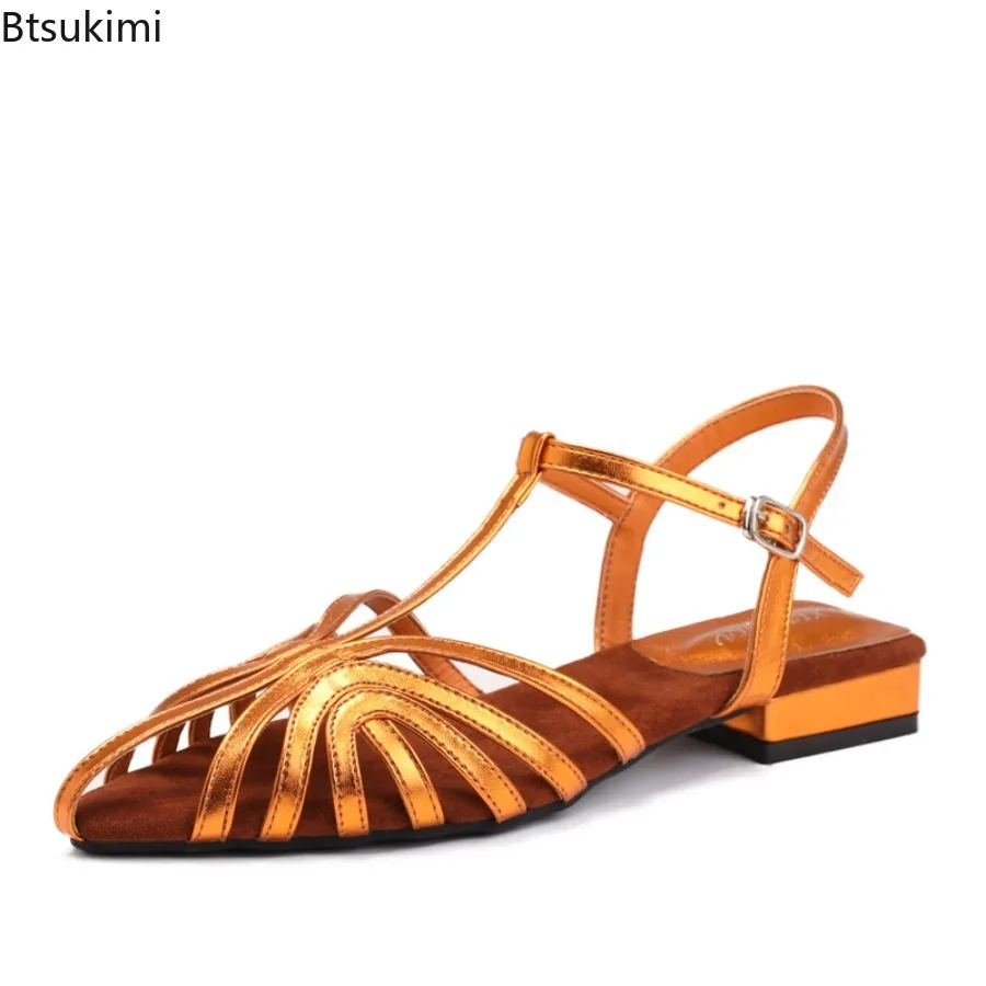 

New 2025 Women's T-Strap Square Low Heel Sandals Retro Roman Peep Flat Sandals Cross Tied Summer Slingback Hollow Sandalias Lady