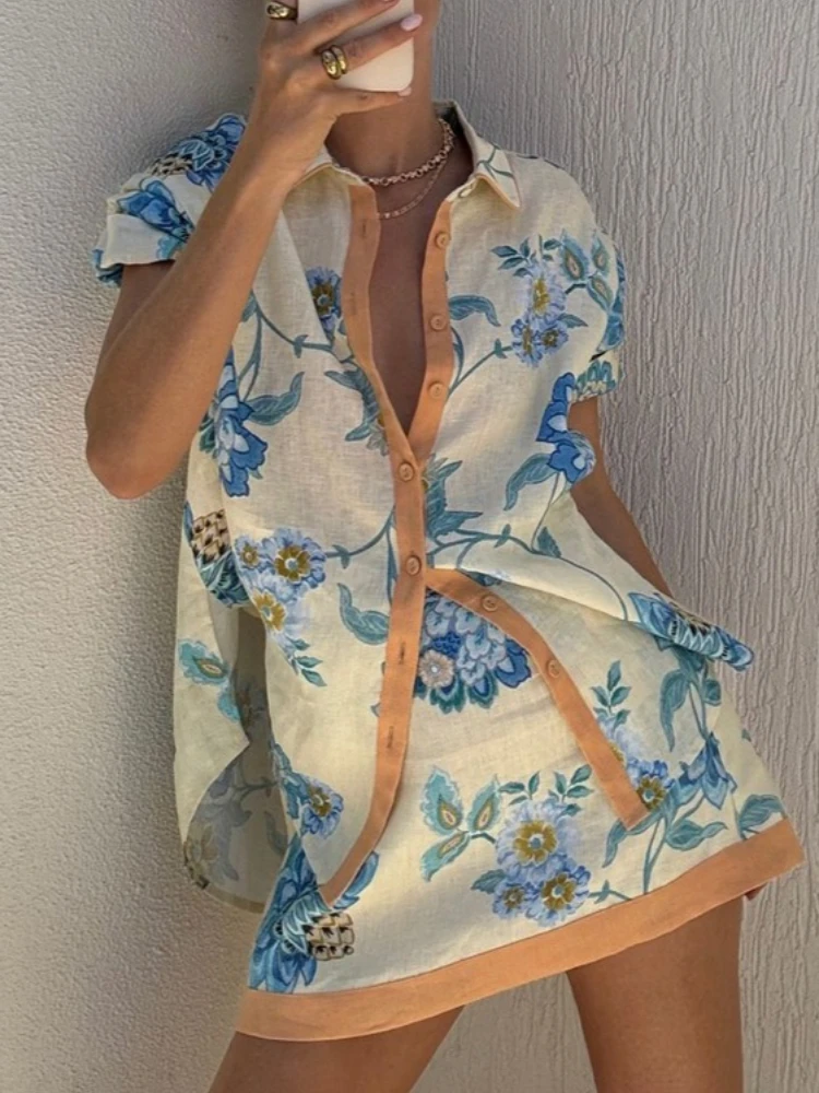 

Casual Printing 2 Piece-Set Mini Skirt Women Short Sleeve Lapel Collar Contrast Cardigan High Waist Bodycon Skirt Outfits