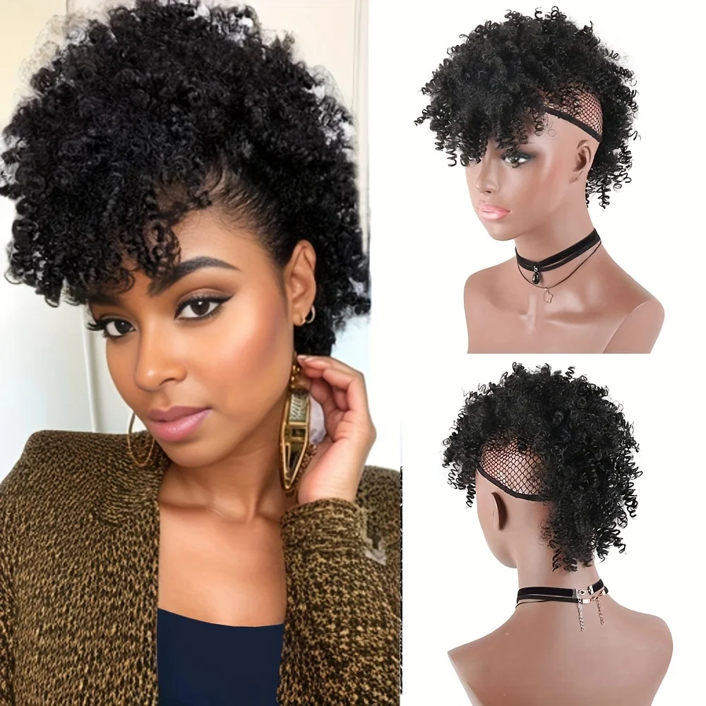 Chic Afro Curly Mohawk Wig with Brown Bangs - Transformative Clip-In Ponytails for Women - High Puff Afro Bun Style - Lustrous S