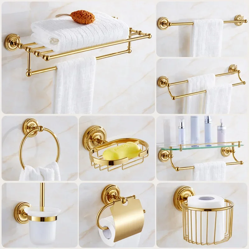 Luxury Vintage Copper-Gold Towel Rack with Toothbrush Holder, Toilet Brush Holder, and Bathroom Accessories Set