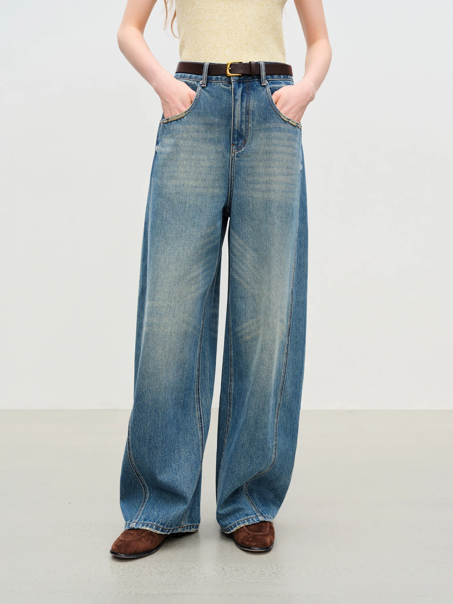 FSLE【Premium Series】New Women Retro Loose Flare Jeans High Waist Vintage Denim Pants Autumn Wide Leg Y2K Streetwear With Belt