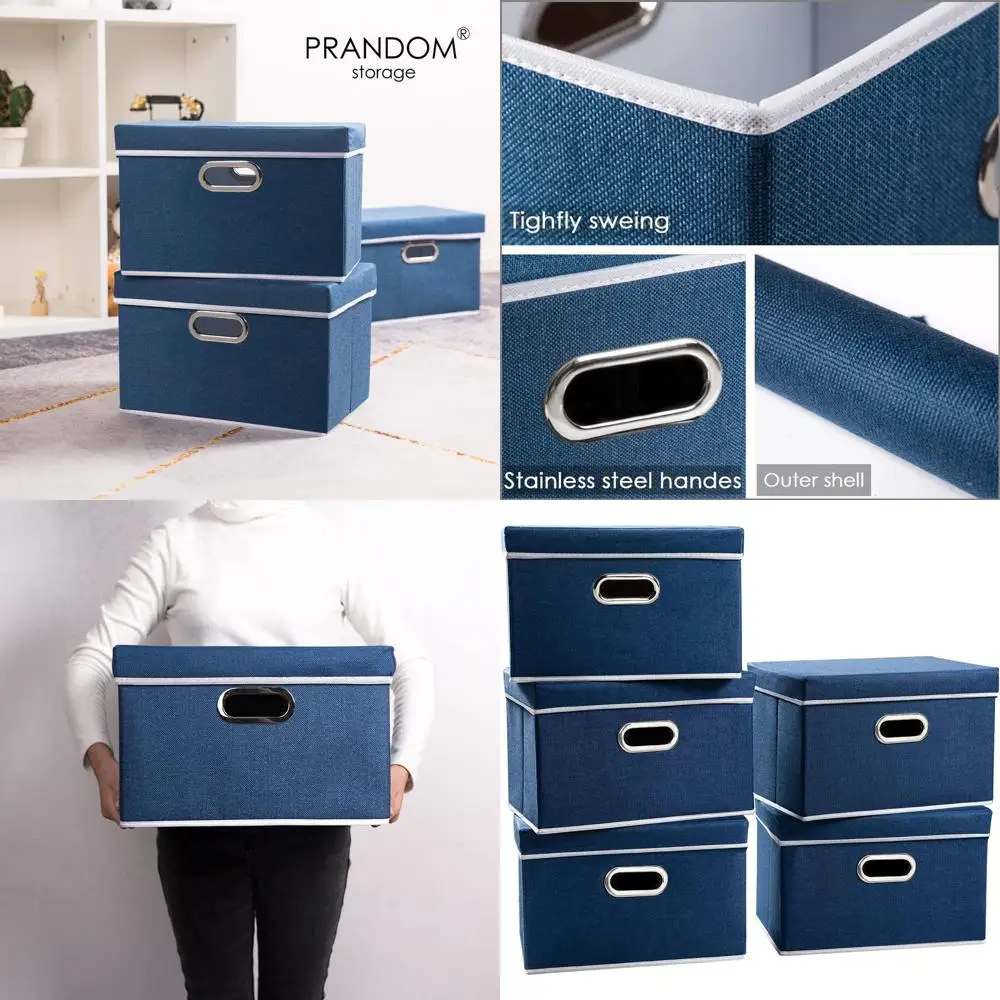 

5-Piece Linen Storage Bins with Lids and Handles, Royal Blue Decorative Organizer Cubes for Home Office (14.9x9.8x9.8)