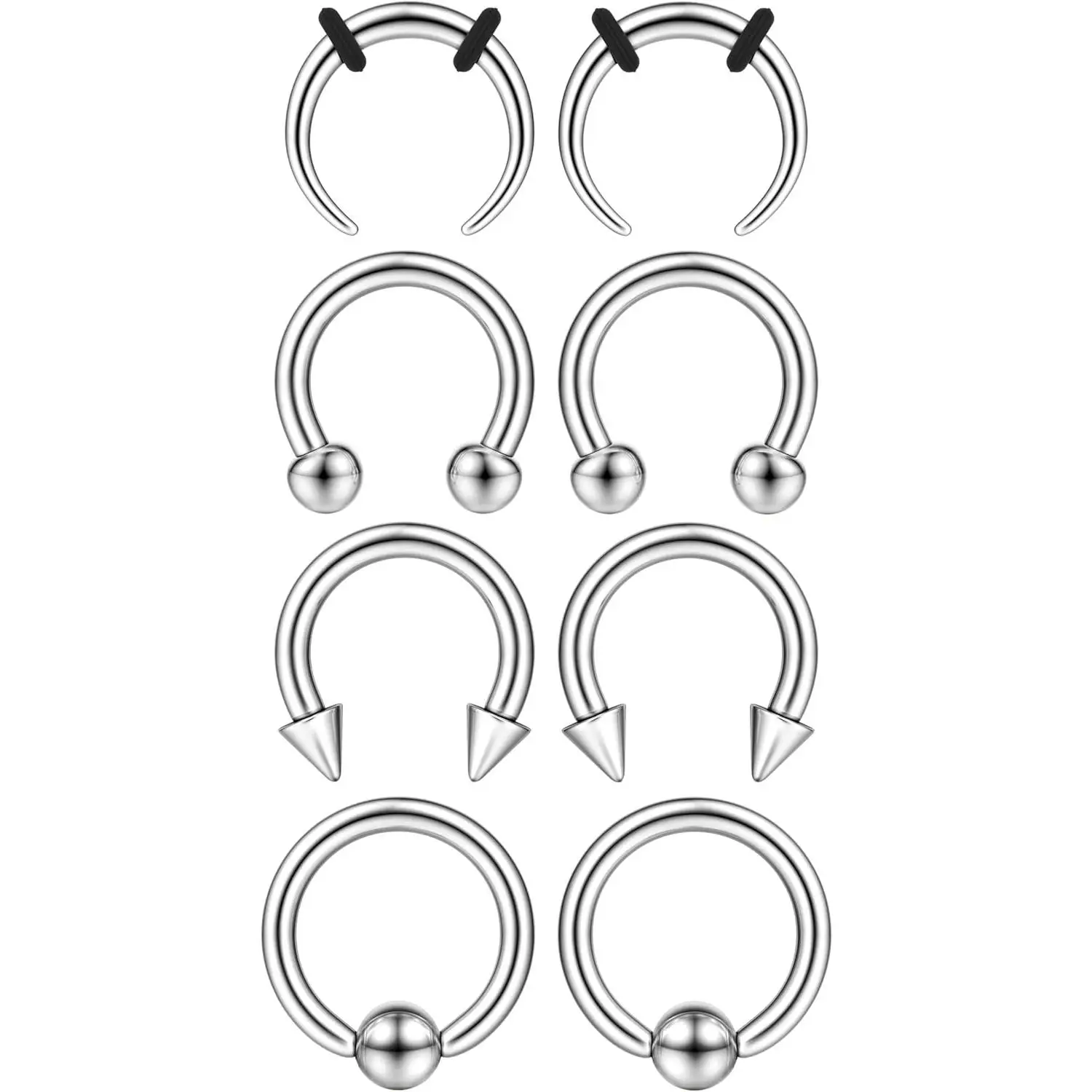 Kit de 8 piezas unisex de acero quirúrgico para estiramiento de septum - Dilatadores, anillos de calibre, pinza, joyería para piercing de nariz, tono plateado y negro