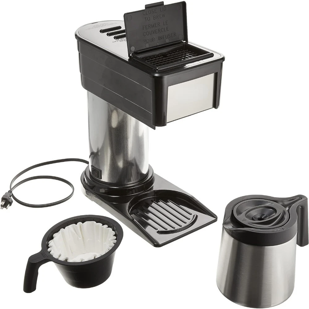 Machine à café pour carafe 10 tasses, mousseur intégré, plaque frontale en acier inoxydable et conception ronde précieuse, cafetières