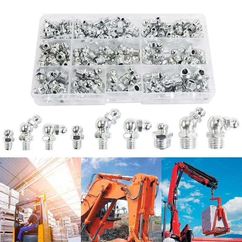 H8WE 115Pcs Metric Hydraulic Grease Fittings Metal Zerk Grease Nipple Fittings Assortment Straight 45 Degree 90 Degree