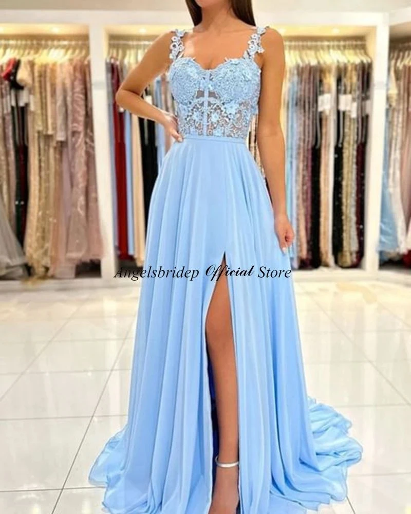 

Angelsbridep Elegant Chiffon Prom Dress Luxury Flowers Slit A-line Evening Gowns Straps Party Dress Vestidos De Ocasión Formales