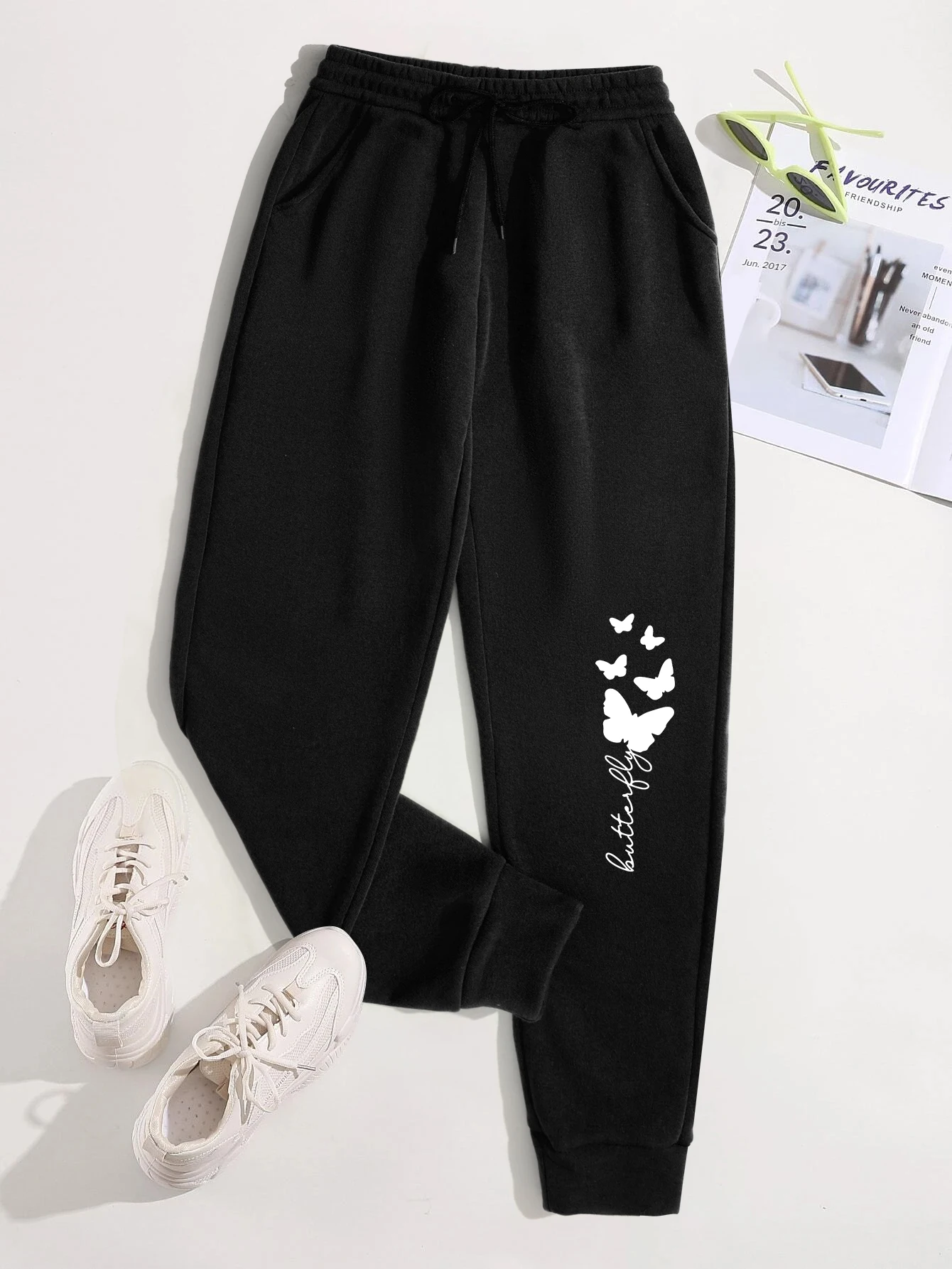 Creative Butterfly Text Printed Women Pant Autumn Fashion Joggers Pants Casual Fleece Trousers Warm Comfortable Y2K Sweatpants