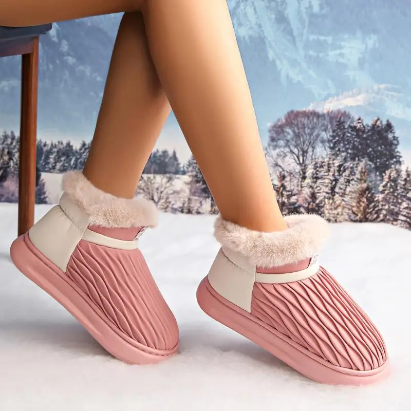 Botines cortos de felpa para mujer, botas de nieve con plataforma gruesa y suave, con pliegues geométricos, cómodos y cálidos, zapatos de algodón de colores mezclados