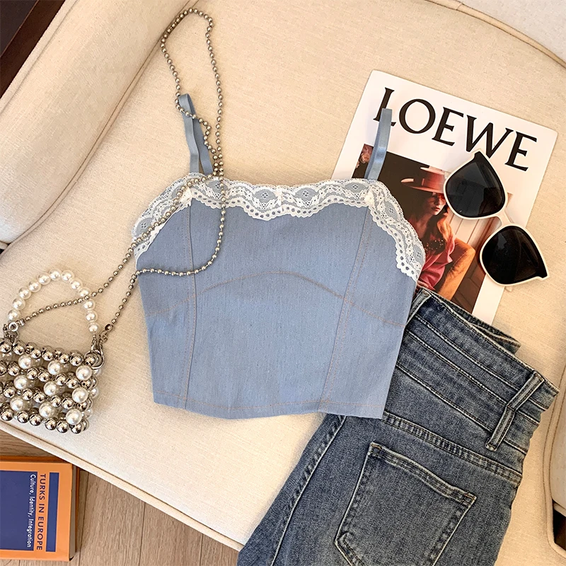 Women's Vest Summer Thin Short Lace Patchwork Spaghetti Strap Tops Korean Style High Street Chic Vests for 18-24 Years Old