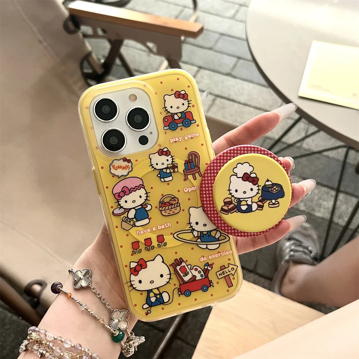 

Cute yellow background chef kitty magnetic stand Phone Case For iPhone 16 15 14 13 Pro Max fundas iphone 15 case Protective cove