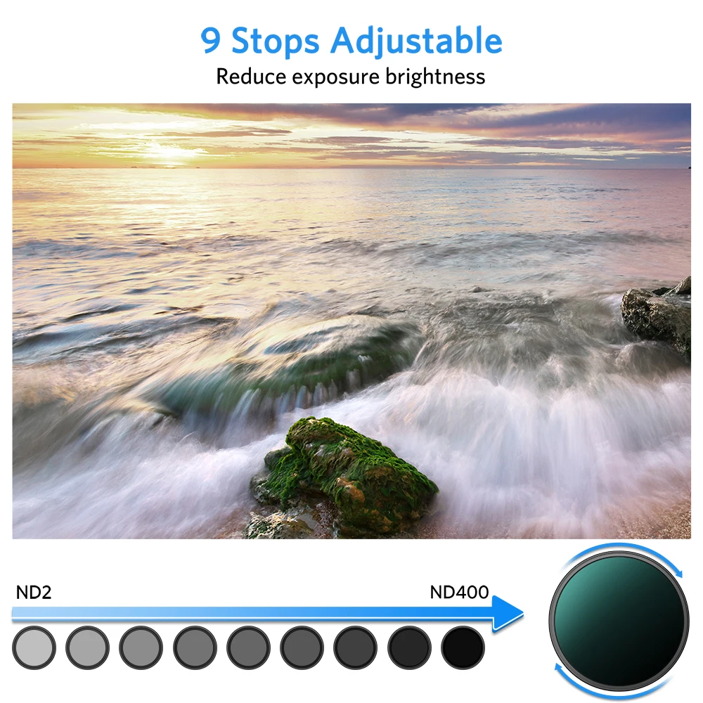 ARTCISE MC ND Filter Variable ND Fader Adjustable ND2 to ND400 Neutral Density Camera Lens Filter 58mm 62mm 67mm 72mm 77mm 82mm