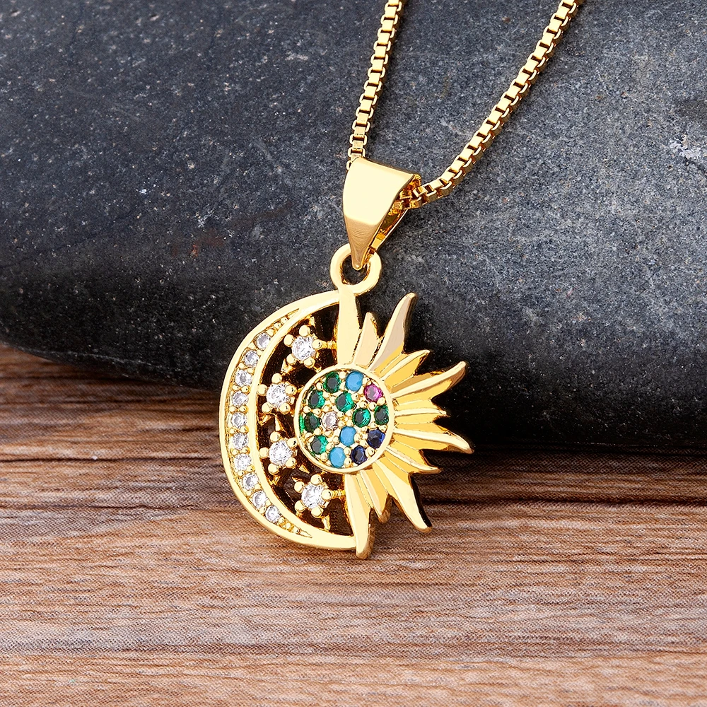 Nidin New Fashion Sun Moon Shape Pave Shiny Crystal Zircon Pendant Necklace For Female Mother\'s Day Jewelry Accessories Gifts