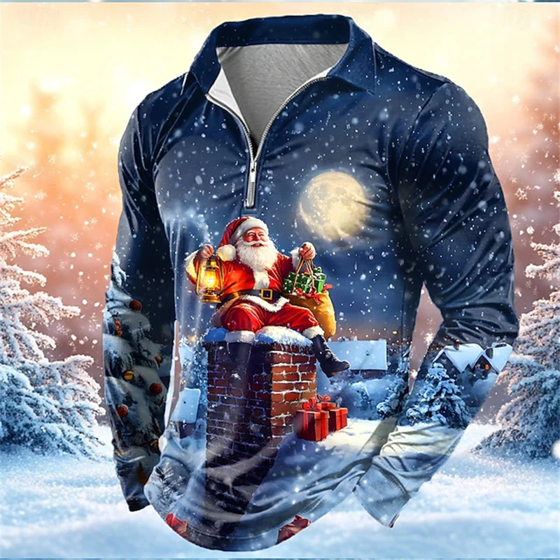 Christmas Style Men's Fashion Long-Sleeve Comfortable Polo Shirt Round Neck Zipper Design Casual Outdoor Party Shirt