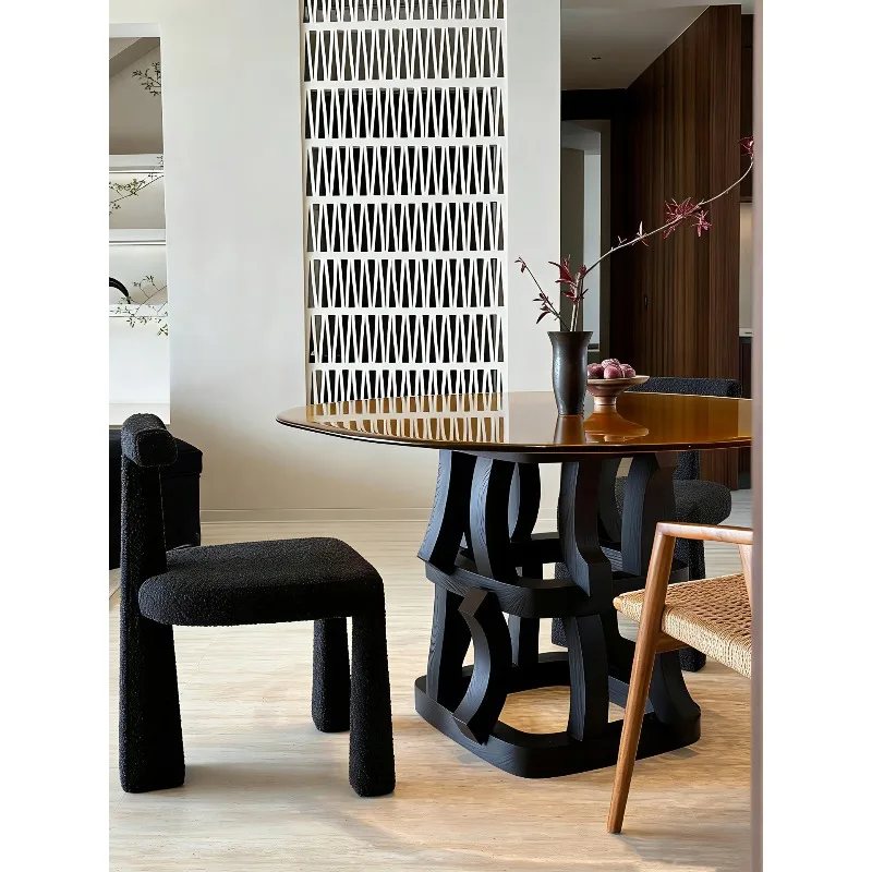 Medieval tempered glass solid wood dining table household small apartment modern simple milk tea shop cafe special-shaped table