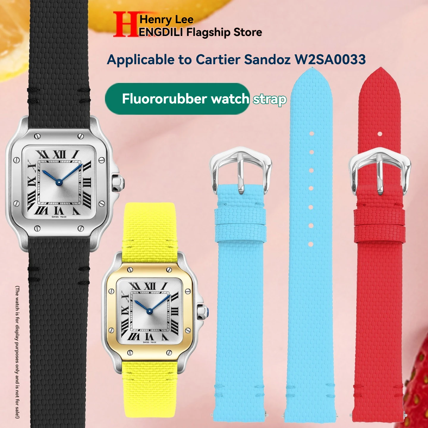 Fluororubber Rubber Strap for Cartier Santos W2SA0033 WSSA0082 WGSA0107 Quick‑Release FKM Watchband for Women Bracelet 16mm