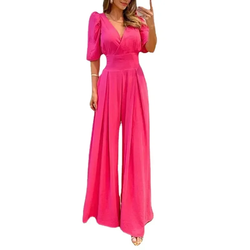 Autumn Women's Clothing Solid Color V-neck Short Sleeve High Waist Wide Leg One-Piece Trousers