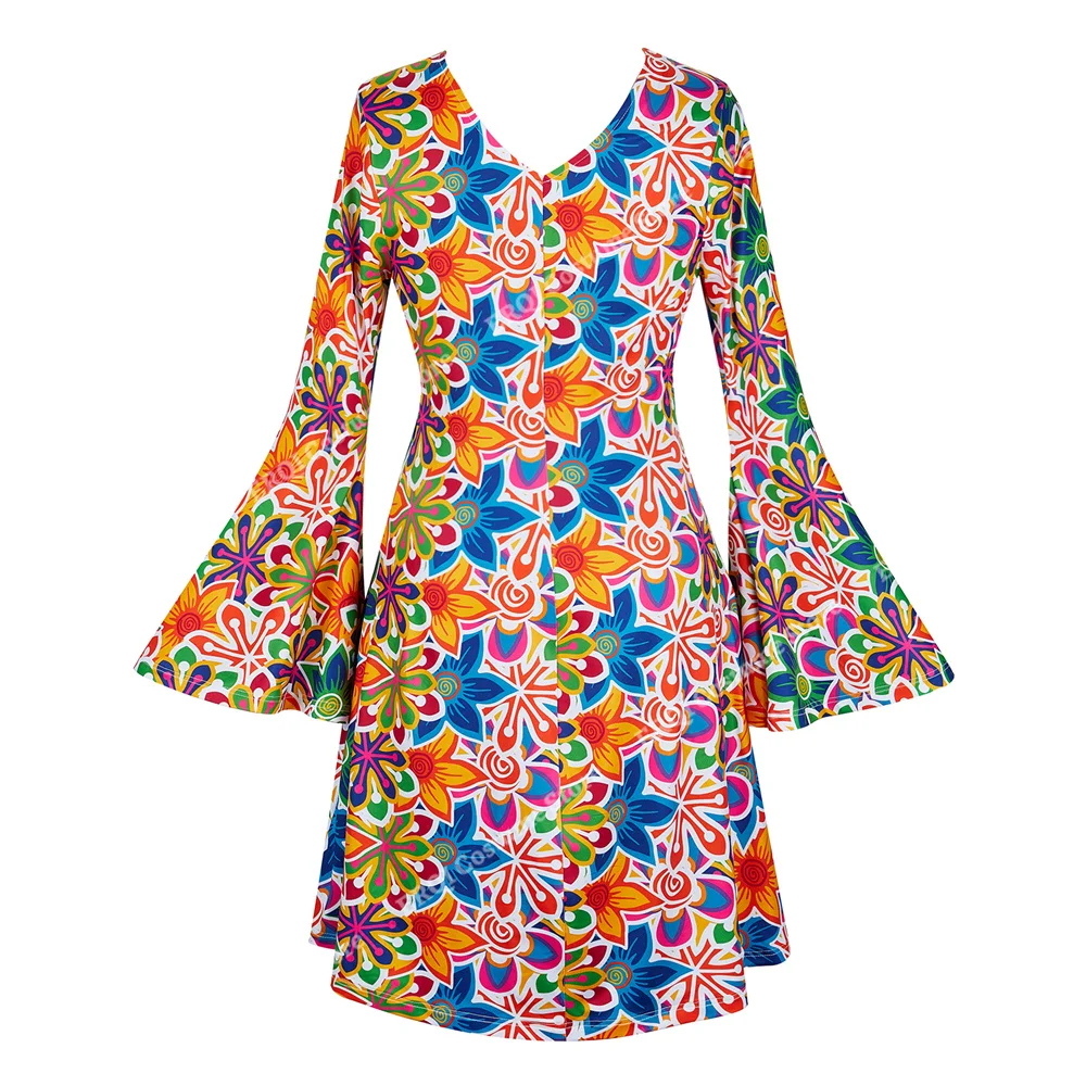 Robe Chang à Fleurs pour Femme, Tenue d'Halloween, Robe Hiphélicoptère avec Bande de Sauna, Costume des Années 70