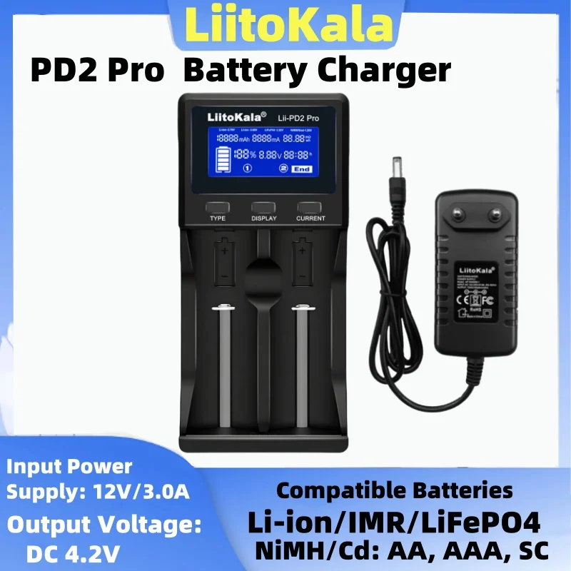 Зарядное устройство LiitoKala PD2-Pro 18650, подходит для литий-ионного аккумулятора 3,7 В 18650/18500/16340/26650/21700/20700/18350/CR123A 1,2 В b Зарядное устройство LiitoKala PD2-Pro 18650, подходит для литий-ионного аккумулятора 3,7 В 18650/18500/16340/26650/21700/20700/18350/CR123A 1,2 В b
