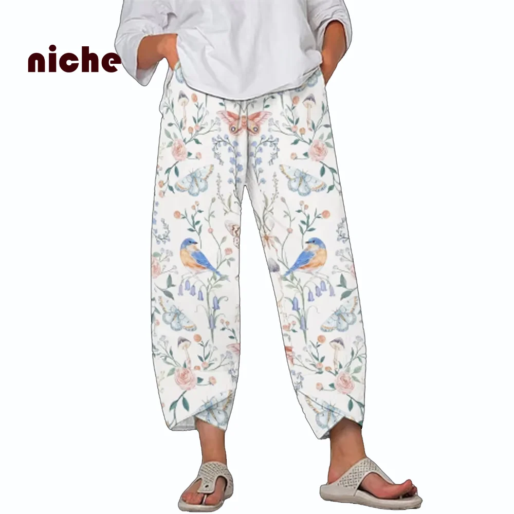 Fresh Flower and Bird Print Beach Pants for Women, Loose, High Quality, Cotton Traf Fabric, Wide-Leg, Fashion Trend, New