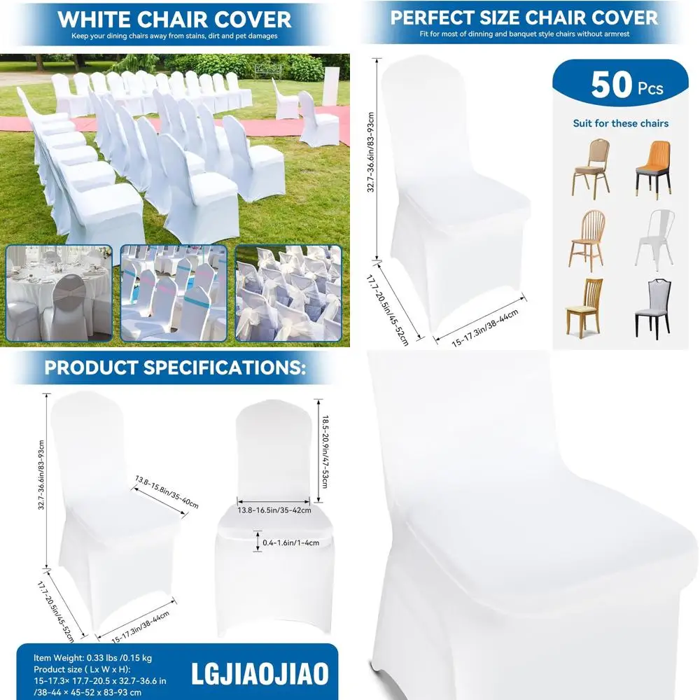 

50 упаковок белых эластичных чехлов на стулья из спандекса для столовой, вечеринок, свадеб, банкетов и многого другого