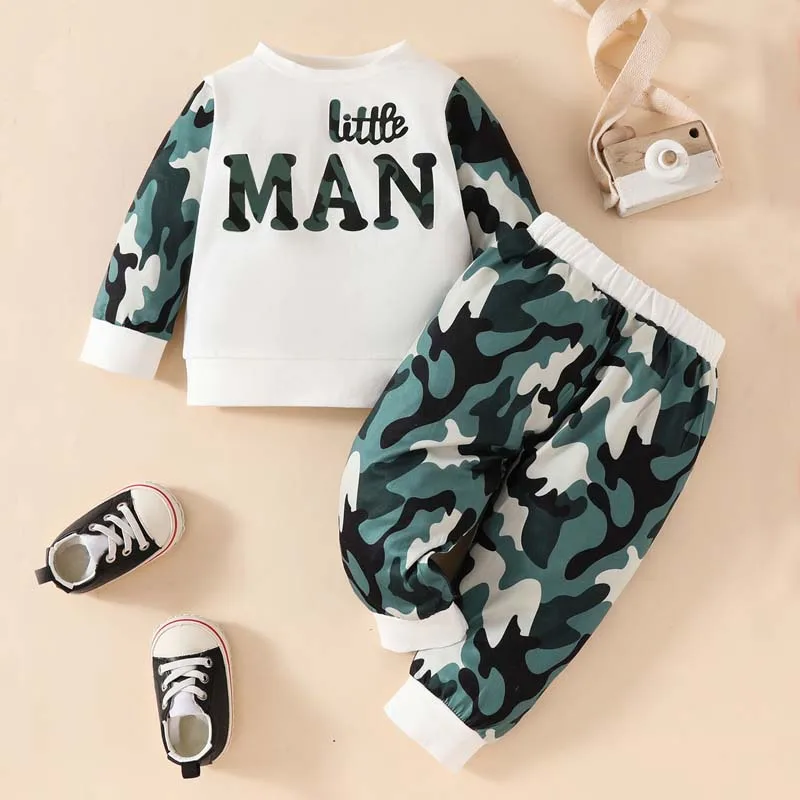 Roupas para bebês Conjunto de moletom para bebês meninos Manga longa Camuflagem Letter Print Top Calças Roupas para bebês meninos de 1 a 3 anos de idade