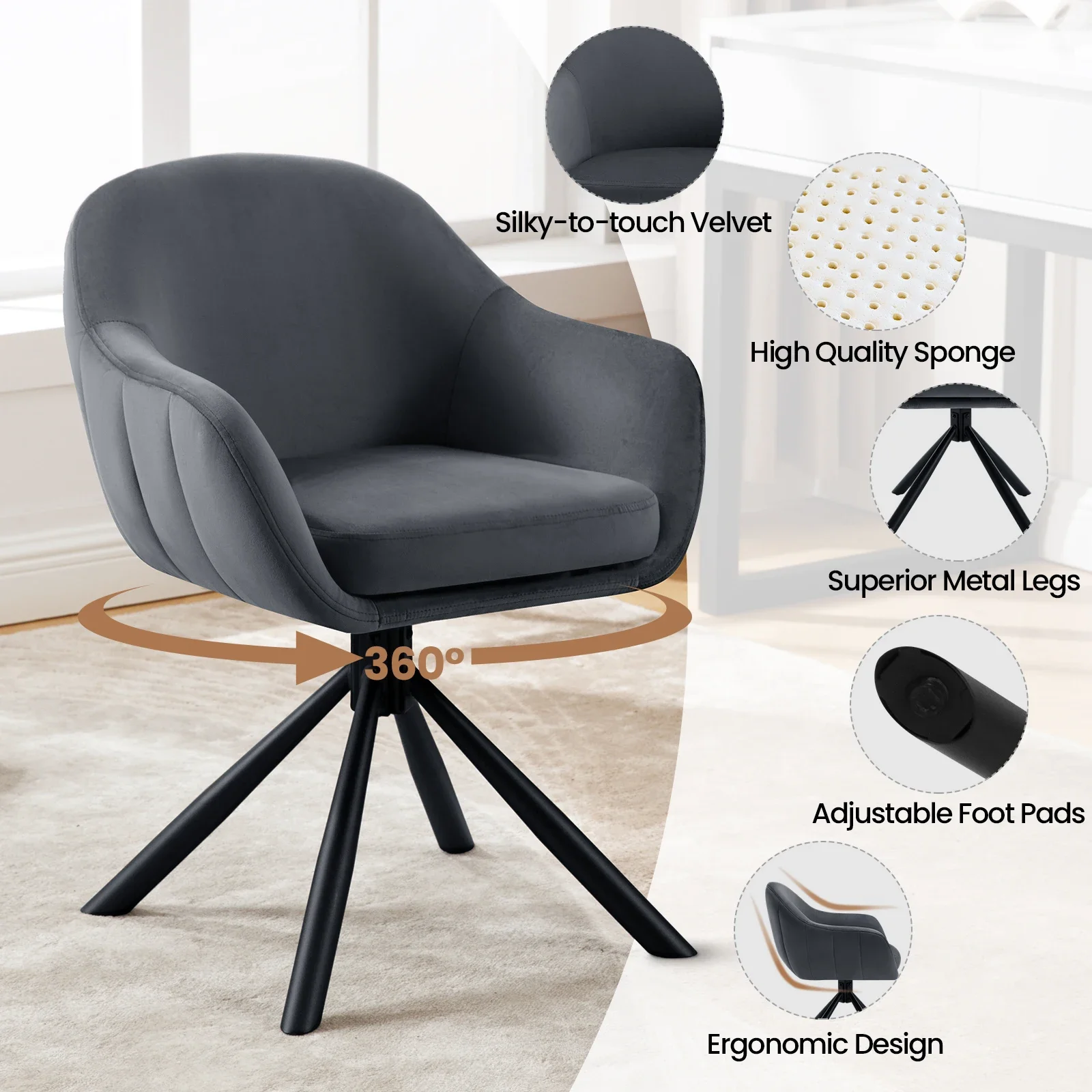 Silla ergonómica con reposabrazos, silla de comedor de cocina giratoria tapizada de diseño con sillón para sala de estar